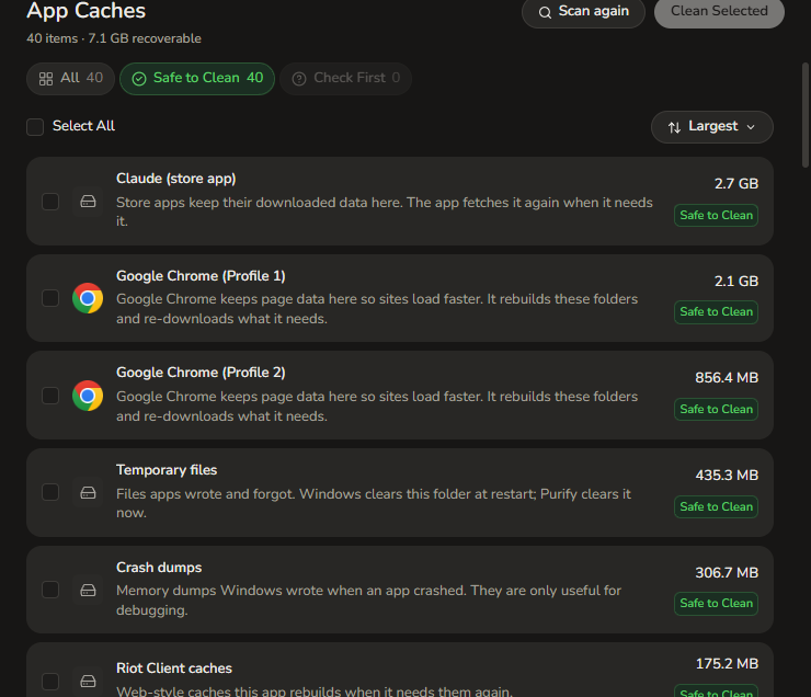 The App Caches list: rows for Claude, three Chrome profiles, Temporary files, Crash dumps and Riot Client caches, each row carrying its folder, an explanation, a size and a Safe to Clean tag.
