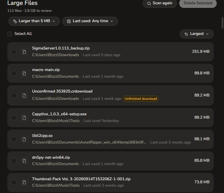 The Large Files list: filters for size and last used, then rows for big archives and installers, each showing its folder, when it was last used, a review tag where it applies, and its size.
